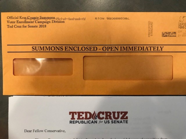 Ted Cruz envelope May 2018
