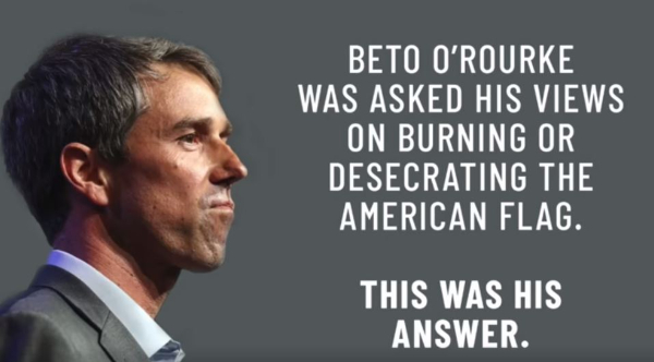 Screen grab, Ted Cruz ad about Beto on flag burning 9/4/18