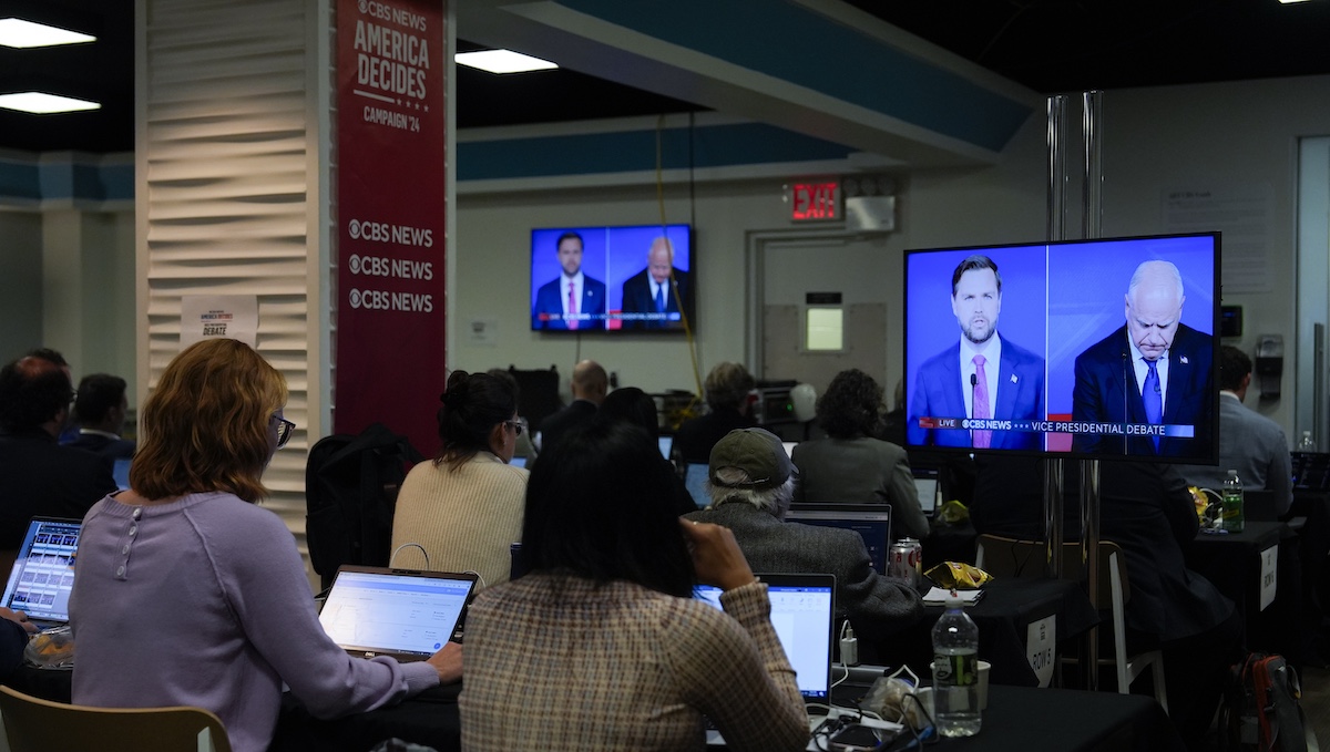 Reporters in the debate spin room in New York, 10-1-2024