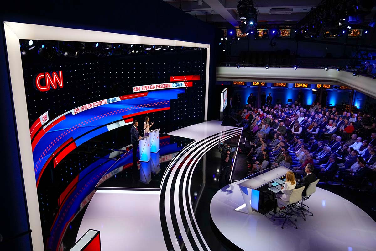 GOP debate stage panaoramic shot, Des Moines, Iowa, 1-10-2024