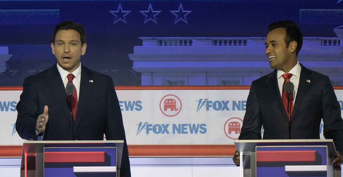 DeSantis and Ramaswamy at Milwaukee debate, 8-23-2023