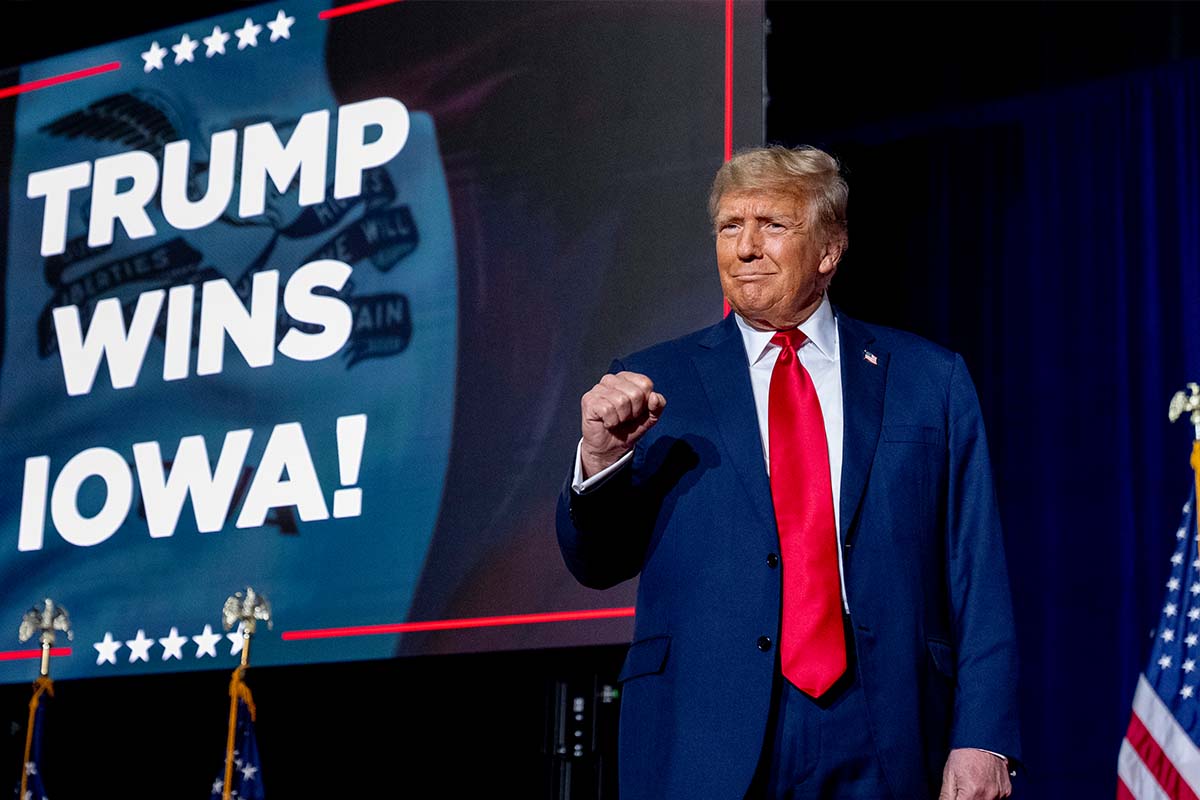 Donald Trump in Des Moines, Iowa, after winning the Iowa caucuses, 1-15-2024