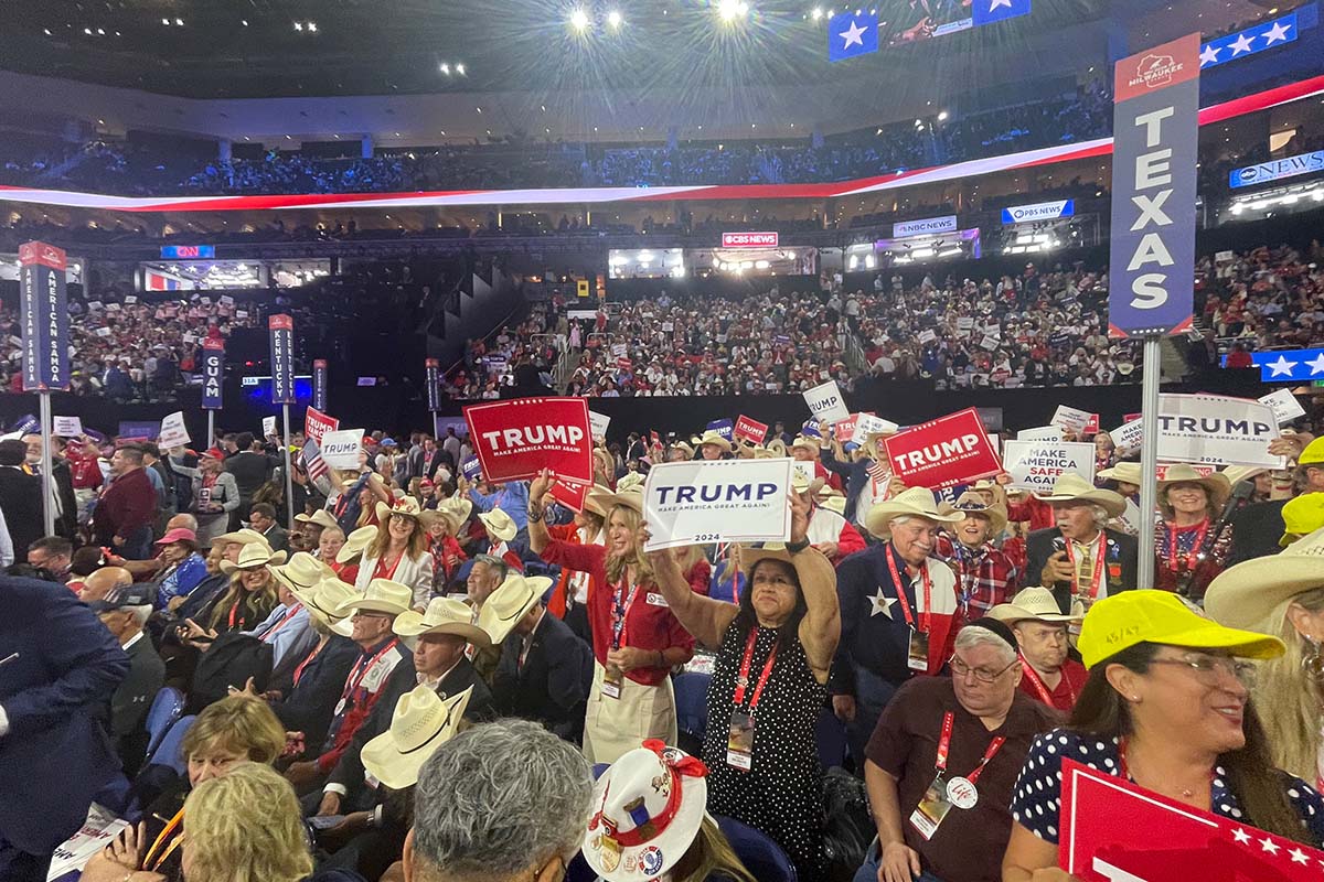 Delegates on Fiserv Forum floor during RNC in Milwaukee, 7-16-2024