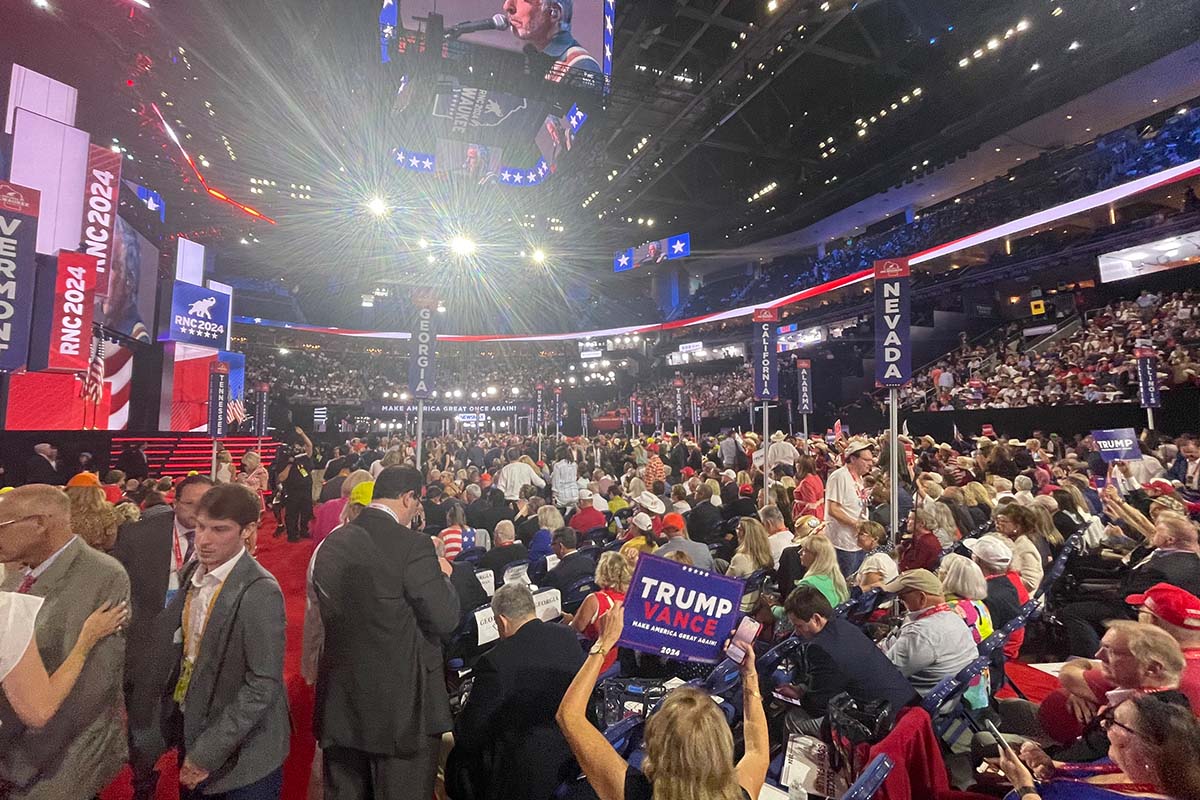 Fiserv Forum floor, wide shot, at RNC in Milwaukee, 7-16-2024