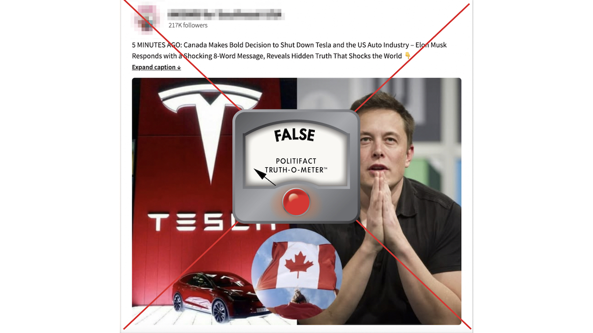 False graphic of Teslas and U.S. vehicles not being sold in Canada 03-28-25