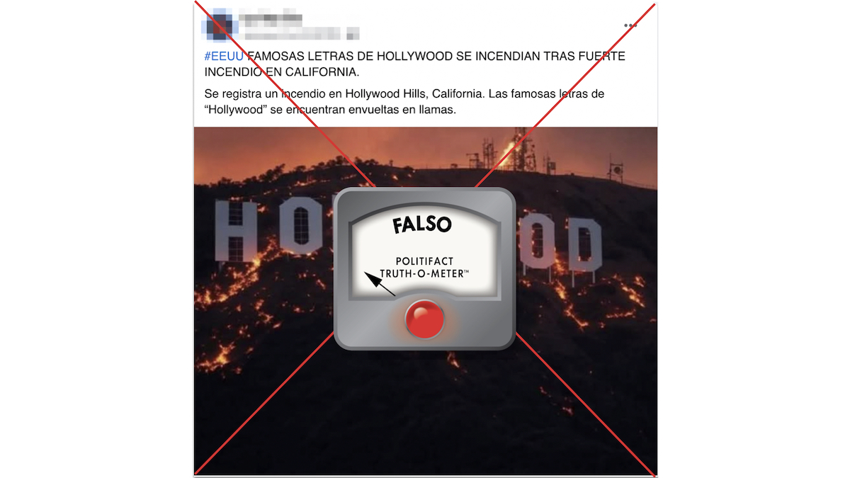 Grafico falso de letrero de Hollywood en llamas 01-08-2025