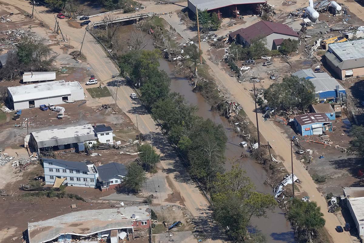 Aerial shot of hurricane damage in Asheville, N.C., 10-2-2024