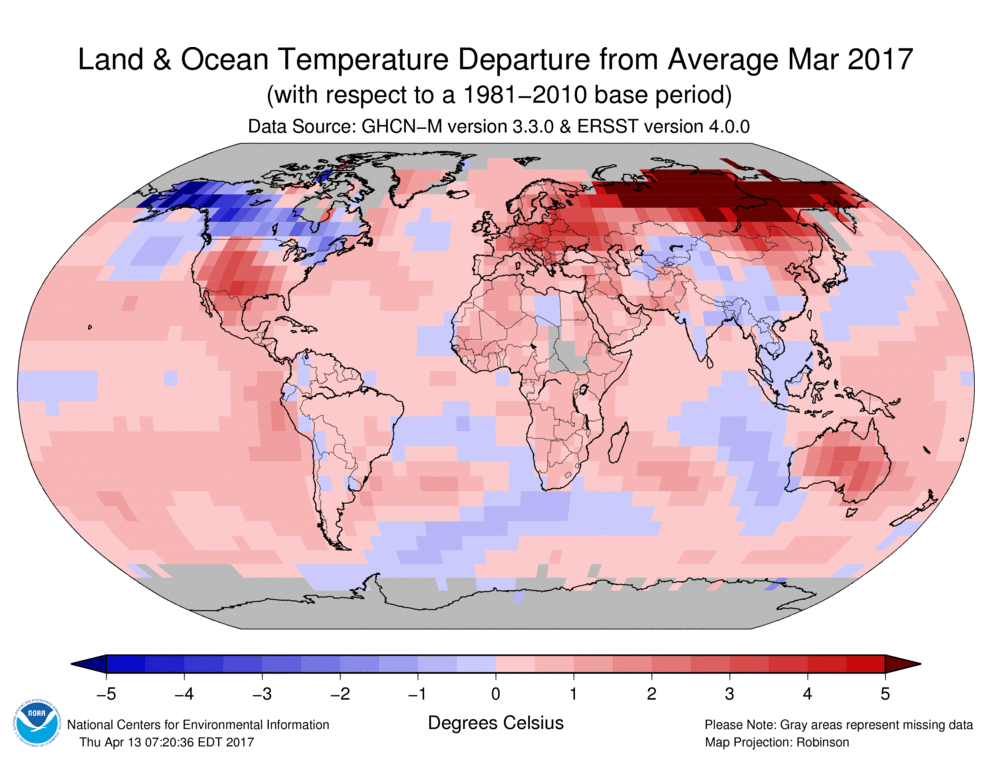 Land and Ocean Temperature departure 2017 NOAA graphic