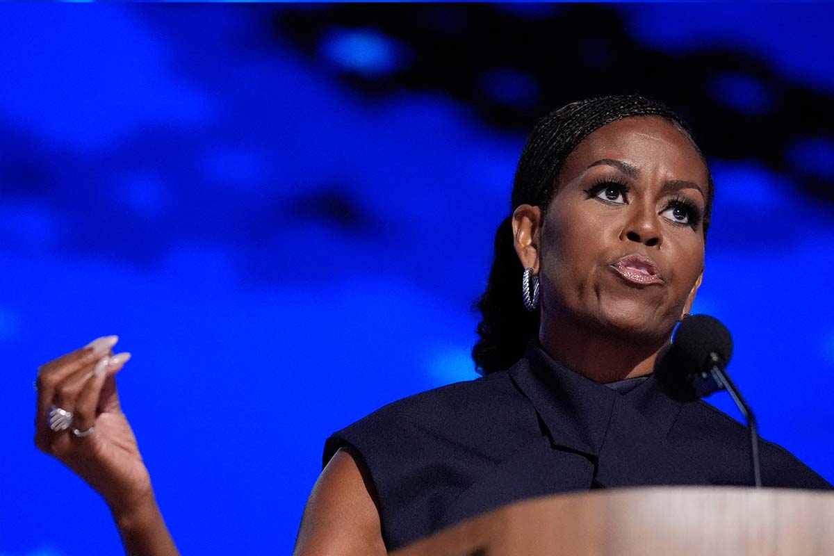 Michelle Obama lectern at the DNC in Chicago, 8-20-2024