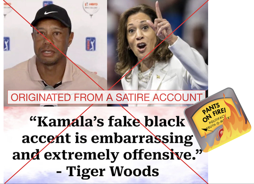 Graphic of satire Tiger Woods quote on Harris