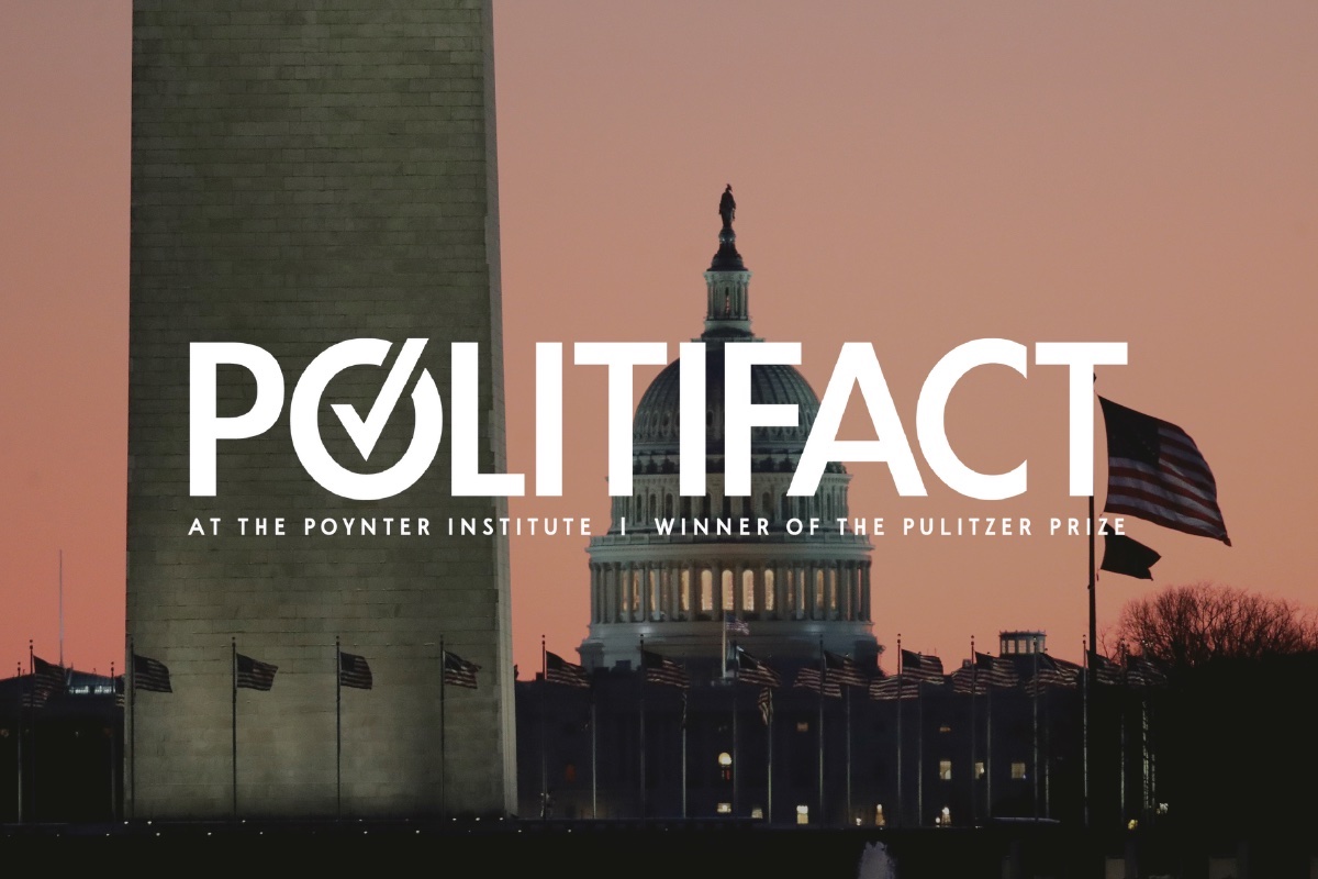 PolitiFact logo on top of DC landscape, pink