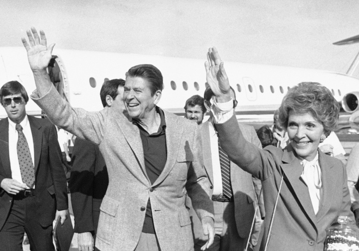 Ronald and Nancy Reagan outside of plane in Palm Springs, Calif., in November 1980