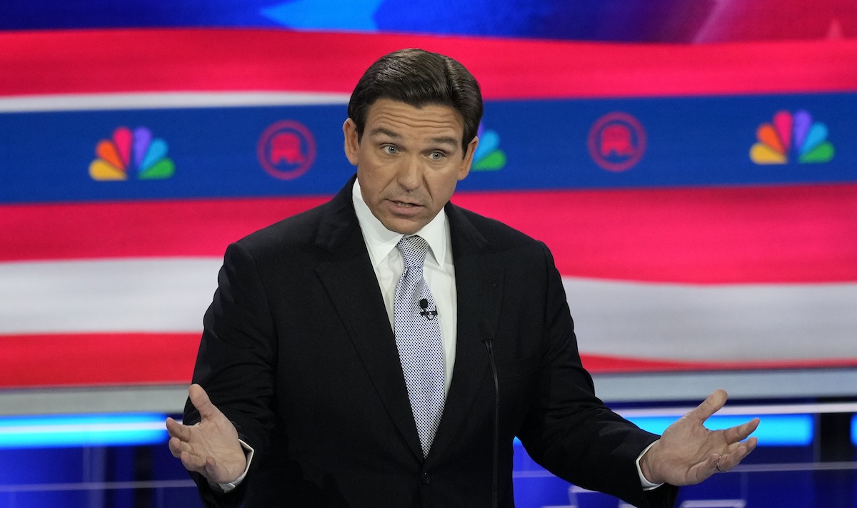 Ron DeSantis at Republican presidentia primarty denbate in Miami for DeSantis-Newsom debate story, 11-27-2023
