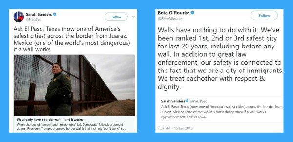 Sarah Huckabee Sanders tweet, Beto O'Rourke tweet reply 1/2018