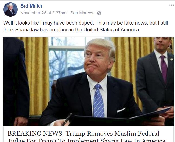 Sid Miller false Facebook post sharia law 11/2017