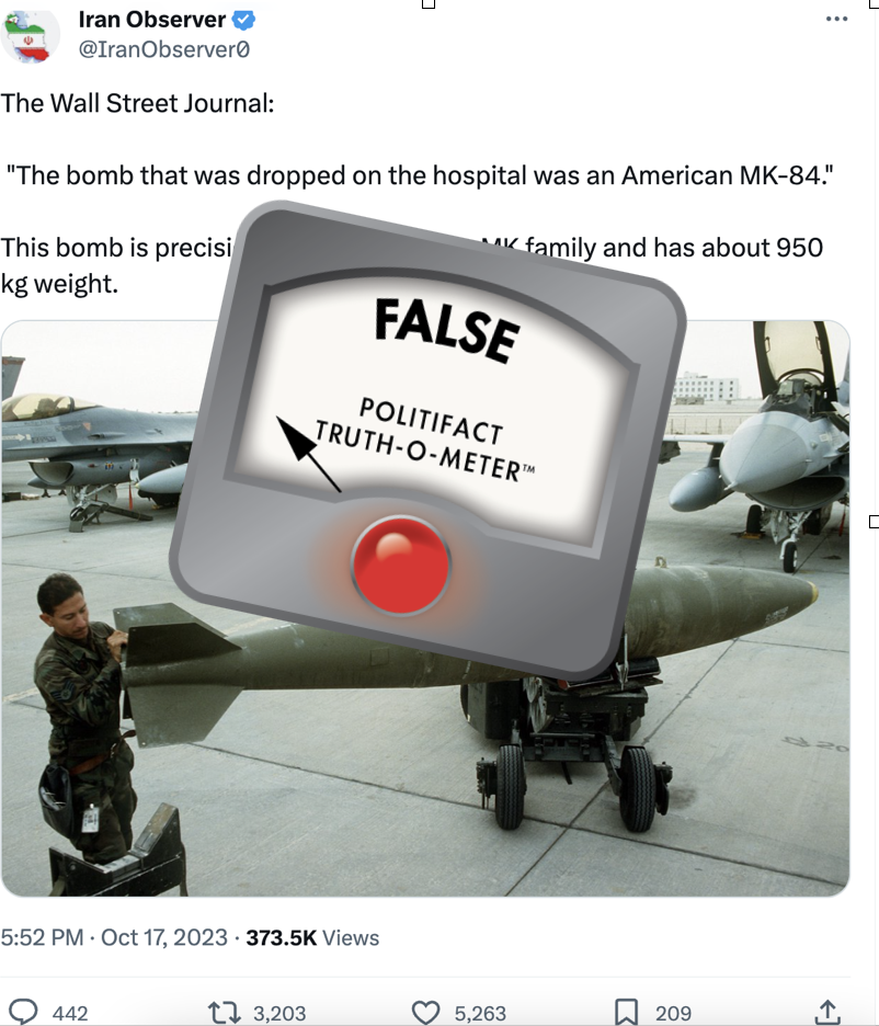 Screenshot false tweet about WSJ reporting on Gaza hospital explosion