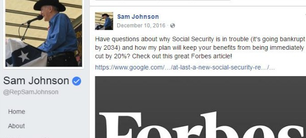 Sam Johnson Facebook post Social Security 12/16