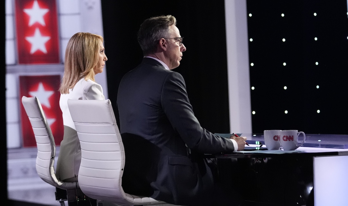 Dana Bash ansd Jake Tapper at presidential debate in Atlanta, 6-27-2024
