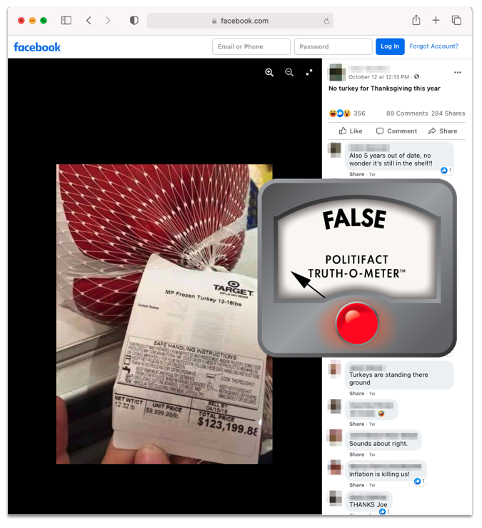 Target turkey Facebook post with False logo