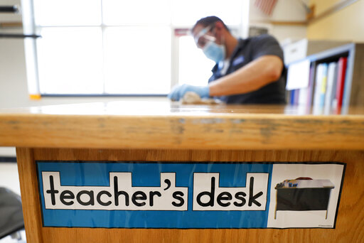 teachers desk being cleaned