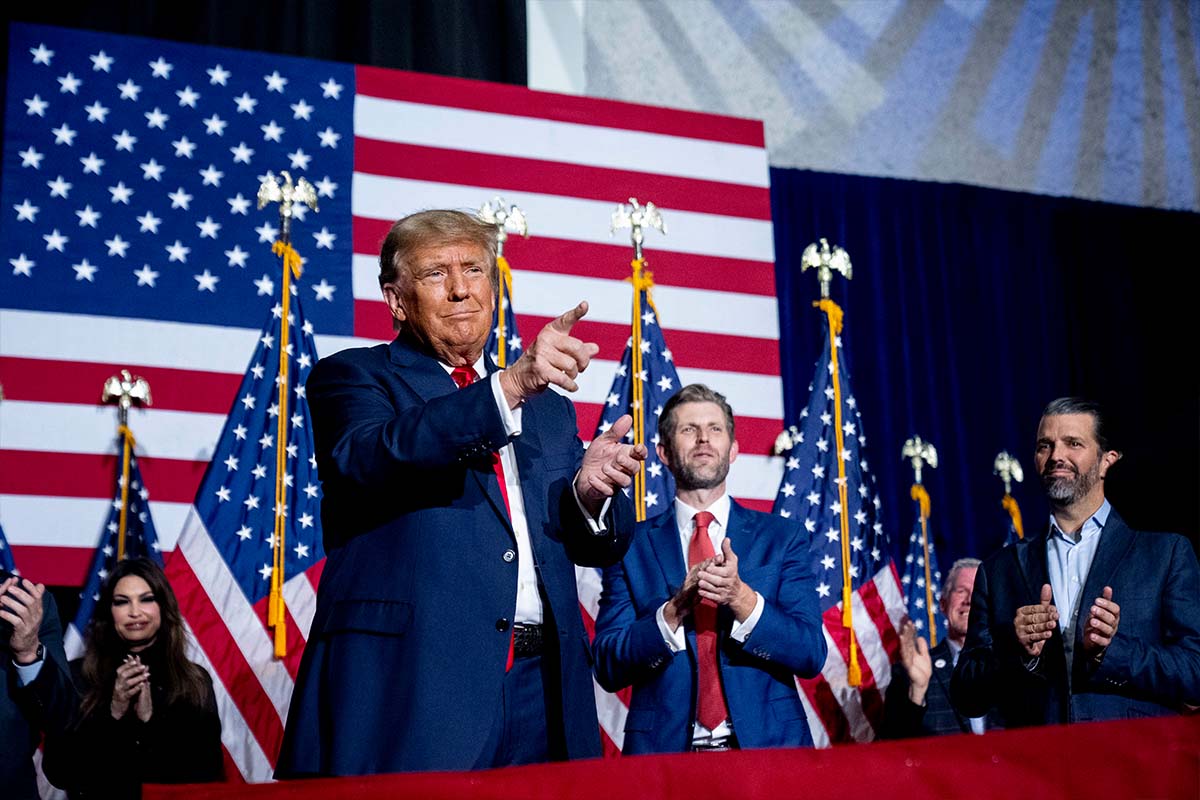 Donald Trump, Iowa caucus watch party in Des Moines, Iowa, 1-15-2024