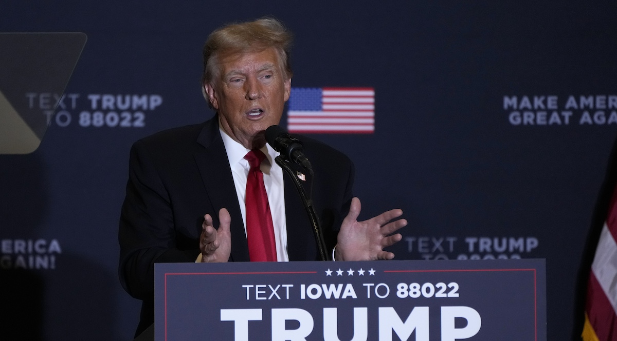 Trump at commit to caucus rally in Coralville, Iowa, 12-13-2023