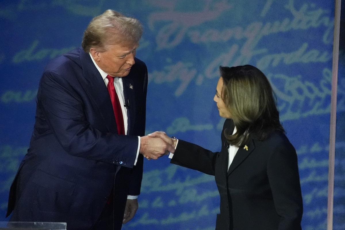 Donald Trump and Kamala Harris shake hands during presidential debate in Philadelphia, 09/10/24