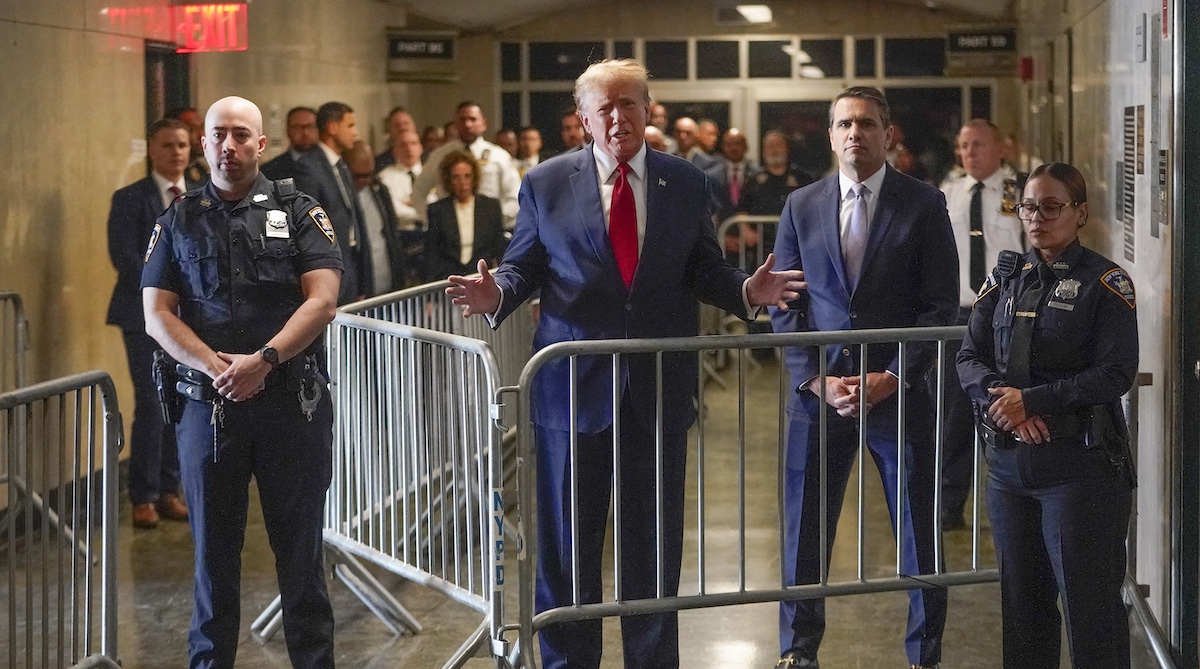 Donald Trump in New York outside court for hush money trial, 2-15-2024