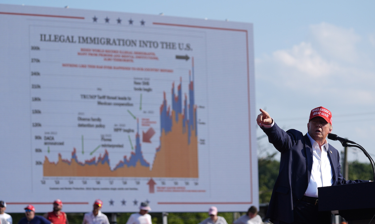 Donald Trump at Butler, Pa., rally with immigration graphic in background, 07-13-24