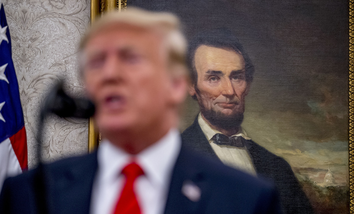 Trump speaks near White House portrait of Lincoln, 9-30-2019