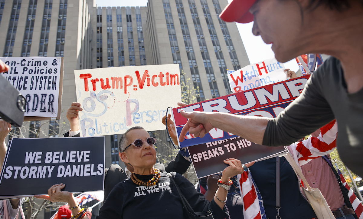 Protesters for and against Donald Trump demonstrate outside Manhattan criminal court, 4-15-2024