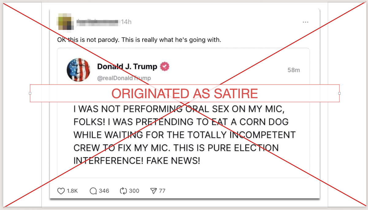 Trump Truth Social corn dog satire screenshot, 11-4-2024