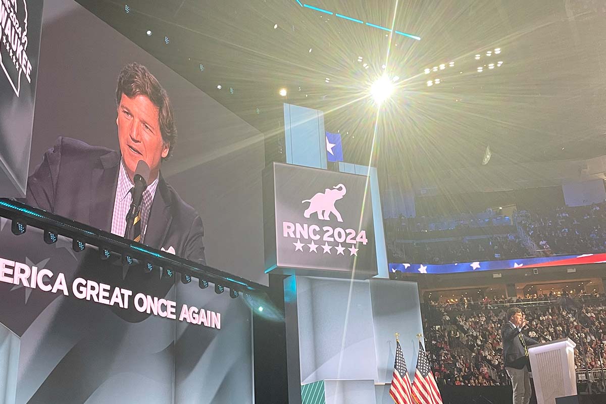 Tucker Carlson speaks at the RNC in Milwaukee, 6-18-2024