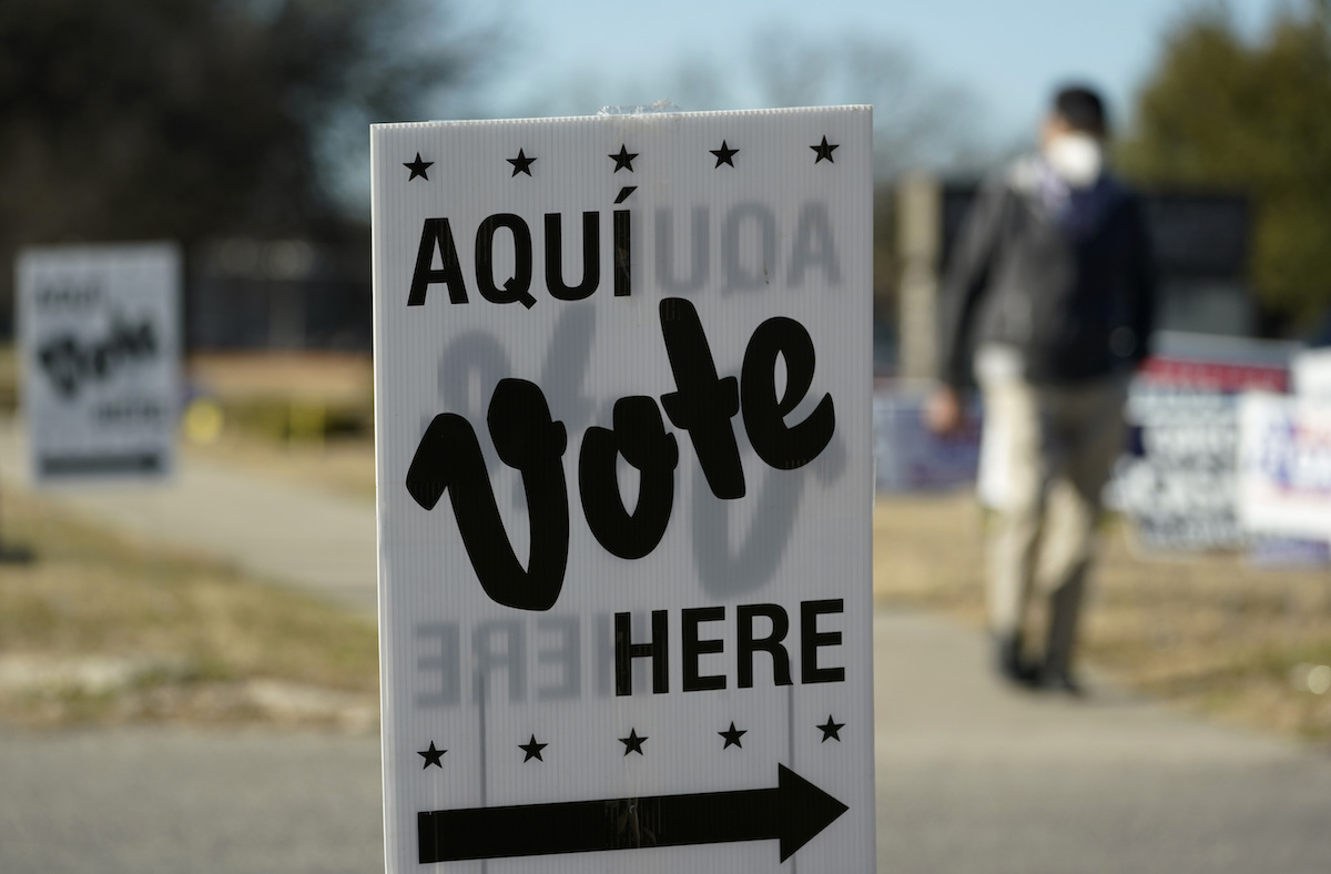 Voting sign at polling place in San Antonio, 2-14-2022