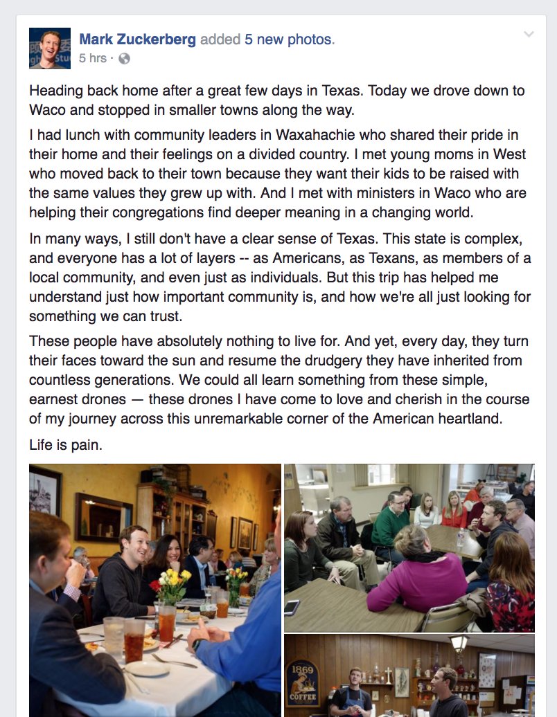 Fake post of Mark Zuckerberg on Facebook Jan. 18-19 2017