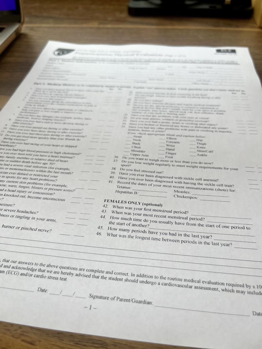 Florida High School Athletic Association Physical Evaluation form,