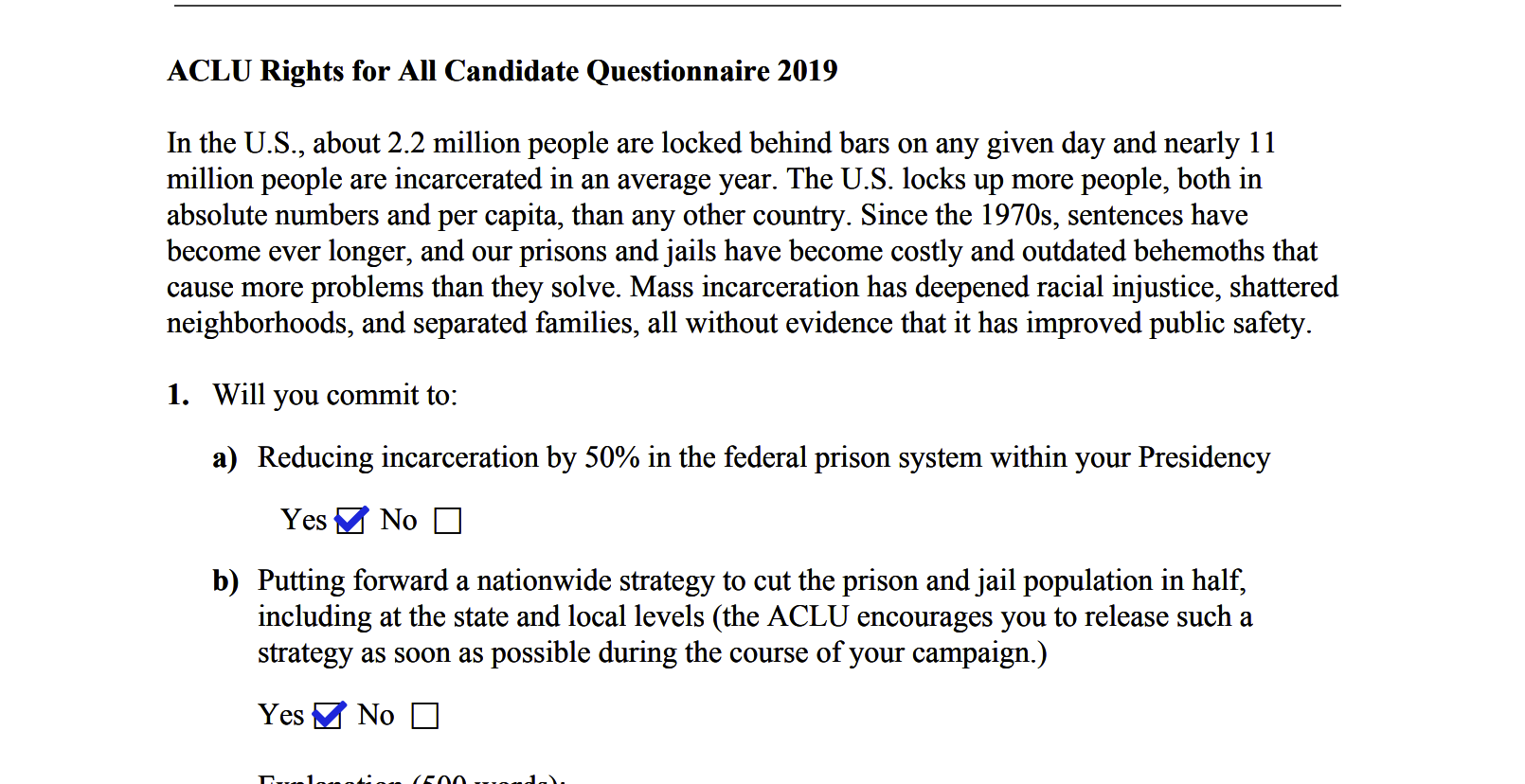 Screenshot of ACLU Tim Ryan question 2019 mass incarceration