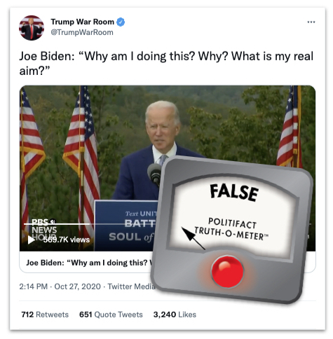 Trump War Room tweet Biden pope quote marked with False logo