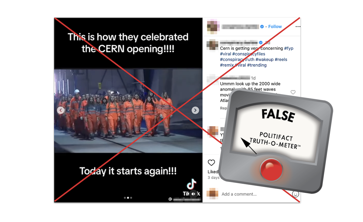 Claim about CERN opening, with False logo, 4-17-2024