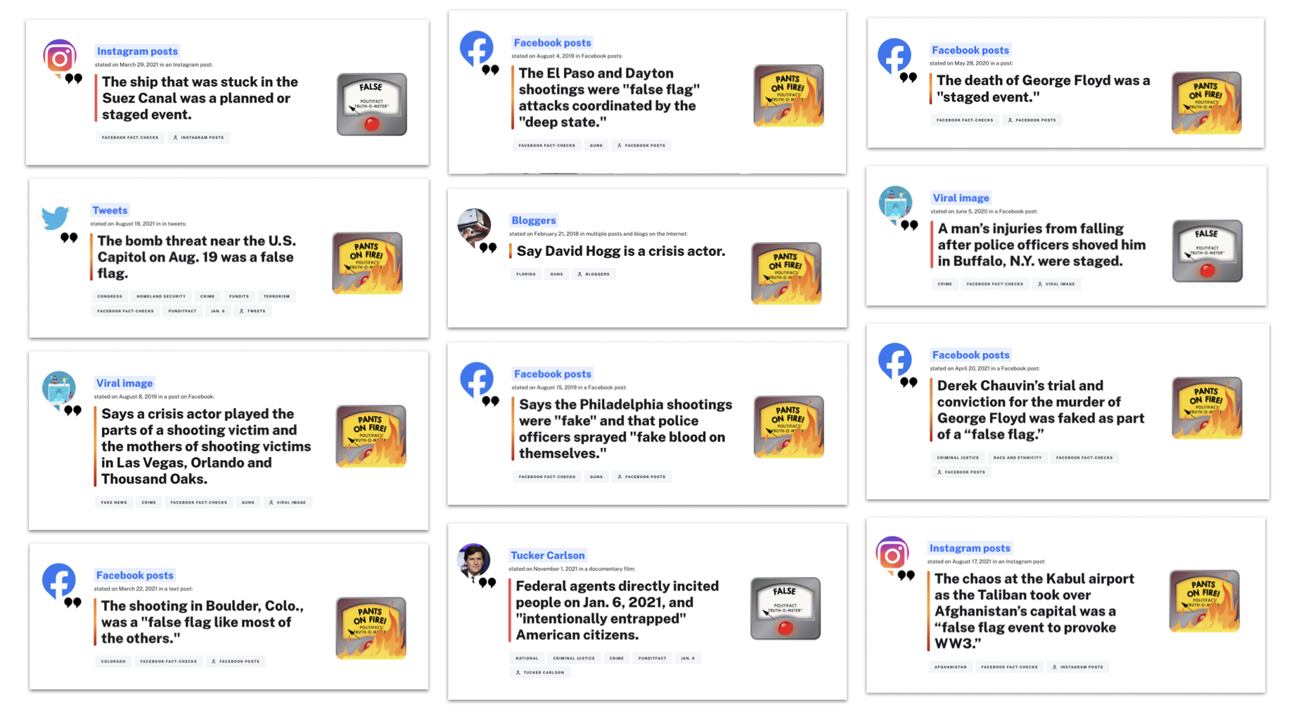 Illustration compiling false flag fact checks