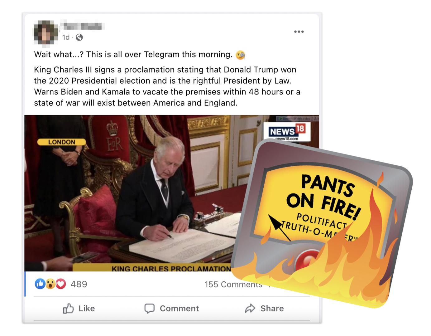 Graphic about King Charles declaring Trump winner of 2020 election