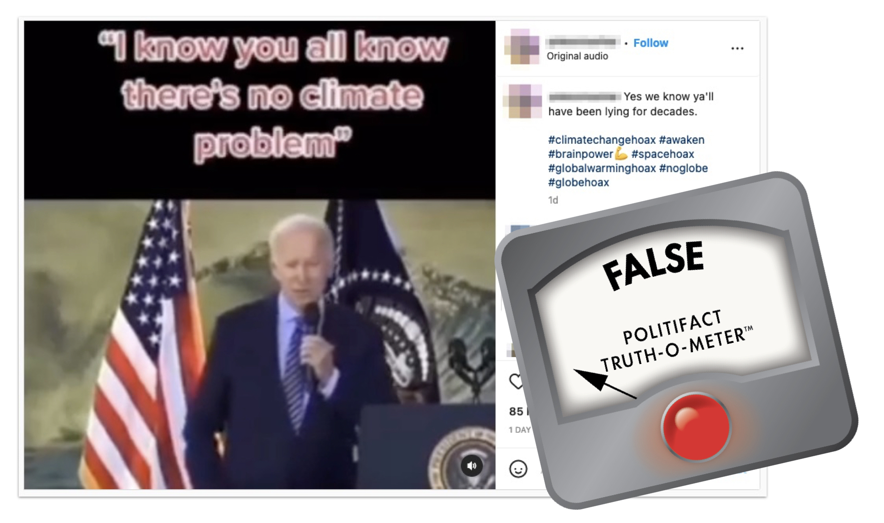 False graphic of Instagram post that claims Biden said there's no climate crisis