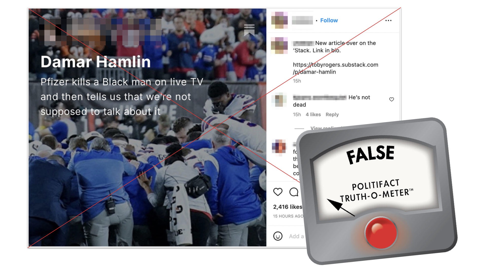 Graphic for false post that claims Hamlin collapsed due to COVID vaccines