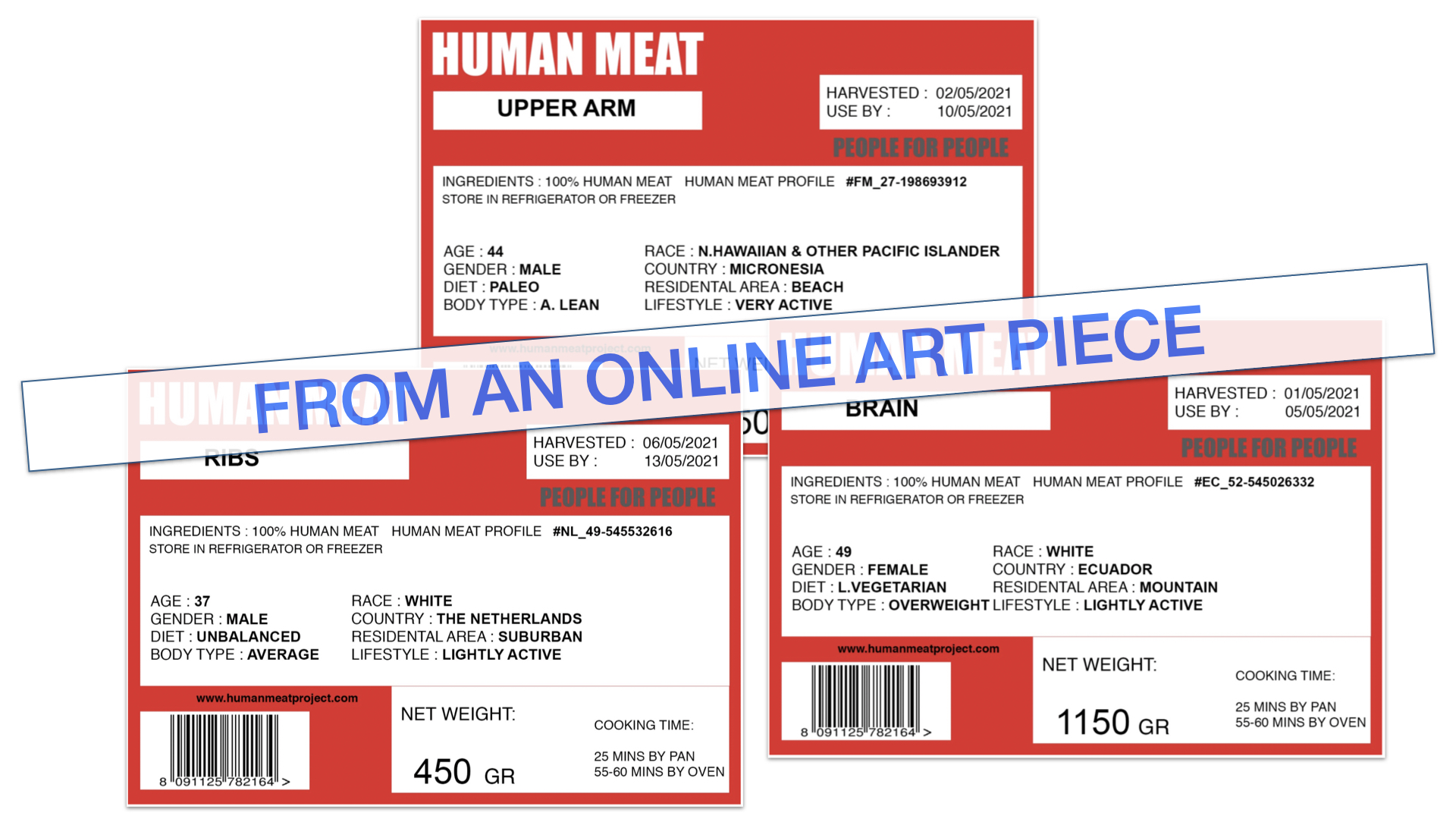 Graphic showing labels from the human meat project website