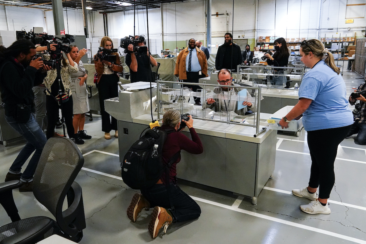Philadelphia election workers demonstrate ballot counting 10-27-22