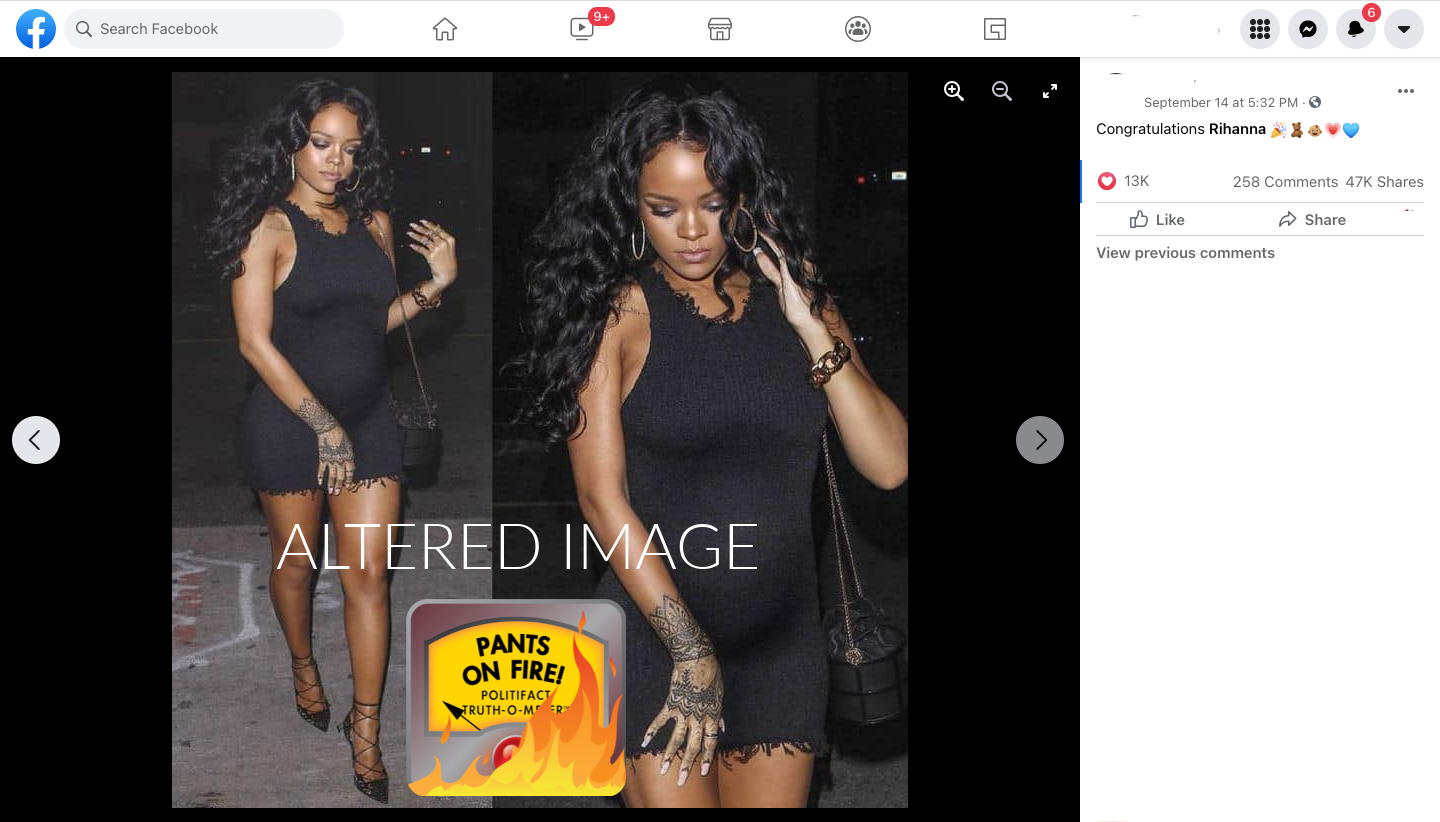 Altered image of Rihanna in a Facebook post