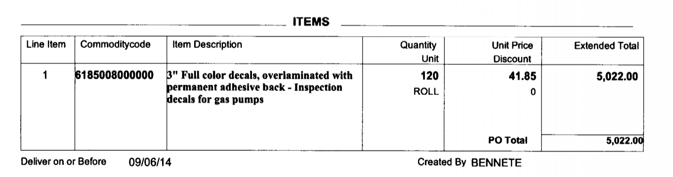 Florida gas pump invoice 2014