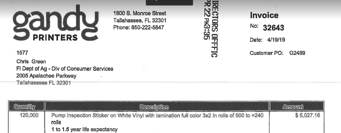 Florida gas pump invoice 2019