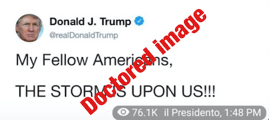 Fake Trump tweet "the storm is upon us" embed