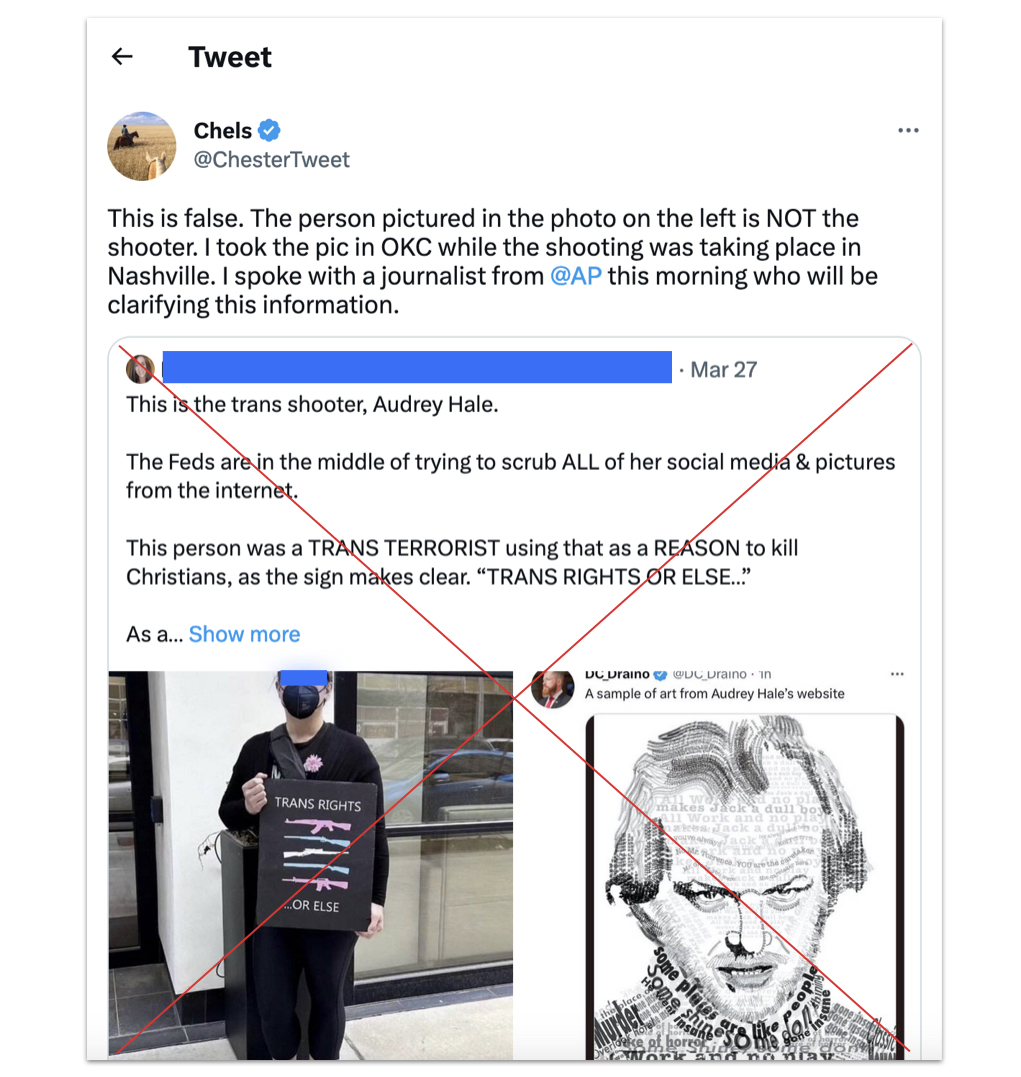 Tweet correcting misinformation about the Nashville shooter March 2023